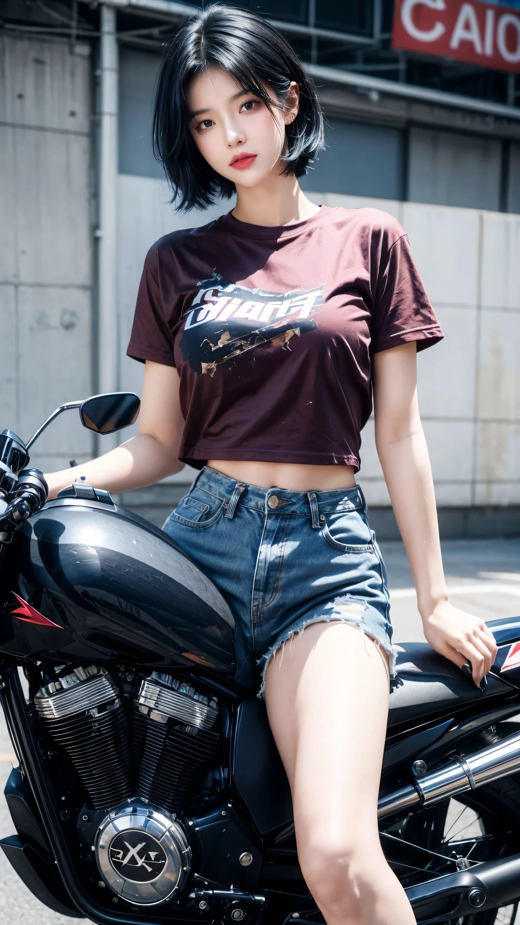 best quality, 1 Girl, dark blue hair, black eyes, Very short hair, Spiky hair, red down oversize t-shirt, High waist short jeans, 171 cm, Messy hair, Hair between the eyes, Medium breasts, full, Tomboy, aldult, 20 years old, 1 Girl Straddling a motorcycle