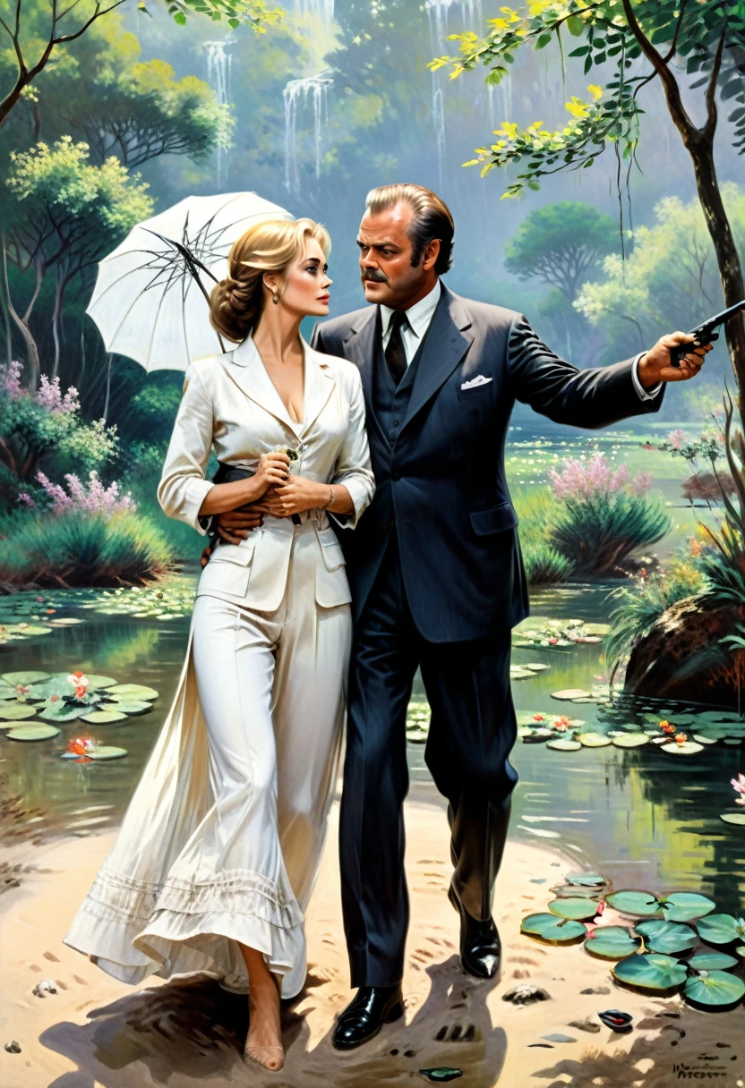 by Claude Monet, A film movie scene (inspired by ReBoot (1994):1.3), featuring jack nicholson and faye dunaway as a couple in a dynamic action shot, (masterpiece, best quality, Professional, perfect composition, very aesthetic, absurdres, ultra-detailed, intricate details:1.3)