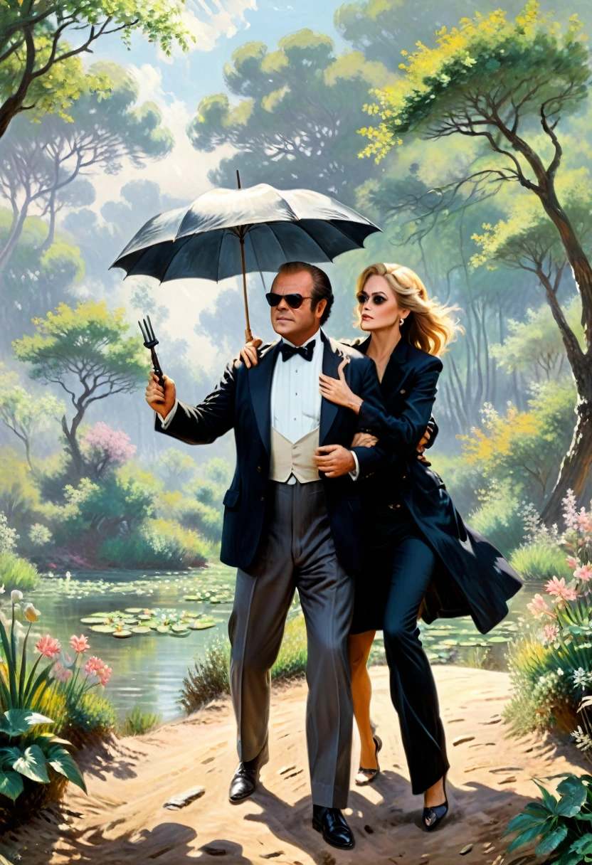 by Claude Monet, A film movie scene (inspired by ReBoot (1994):1.3), featuring jack nicholson and faye dunaway as a couple in a dynamic action shot, (masterpiece, best quality, Professional, perfect composition, very aesthetic, absurdres, ultra-detailed, intricate details:1.3)