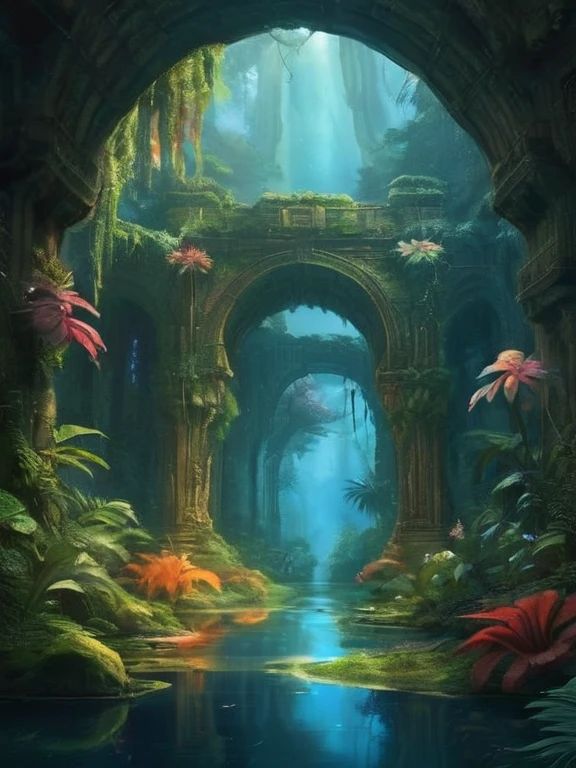 arte conceptual,(obra maestra:0.3) alto detallado,Bright natural lighting,oscuridad,alto contraste,a tropical forest on an alien planet,dos grandes lunas en el cielo,Ruins of ancient civilization,vidente (mythical alien not in terrestrial plantations Neon lights in flower-type plants) trees, plantas y flores del suelo.,vista desde abajo,Atmospheric dreamscape painting,dreamscape art,arte visionario muy detallado,Estilo CGI,Vibrant oil painting,arte salpicado,Misterio acogedor,obra maestra 8k wallpapper,neoplasticismo,motor irreal,dramatic lighting vines,descuidado,manchas de tinta,salpicaduras de tinta,corridas de tinta,manchas de tinta,tinta descolorida,ral dissolution,izquierda,arena1,en pergamino,