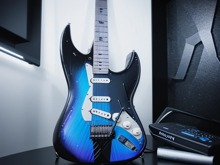 A modern, futuristic Stratocaster electric guitar with angular, aerodynamic lines, fully visible. The body has a metallic gradient finish from electric blue to deep black. The pickguard features a carbon fiber abstract design. The maple neck has an ebony fretboard with LED-lit geometric inlays. Ergonomic, LED-integrated knobs and switches, minimalistic locking tuners, and a sleek high-end tremolo bridge complete the look. The guitar blends advanced technology with unique, futuristic aesthetics.