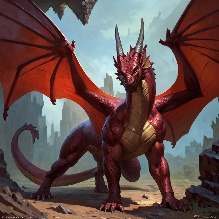 Detailed painting, by Taran Fiddler, solo, dragon, full body, feral, cave, large dragoness, bright red scales, fiery personality, wings