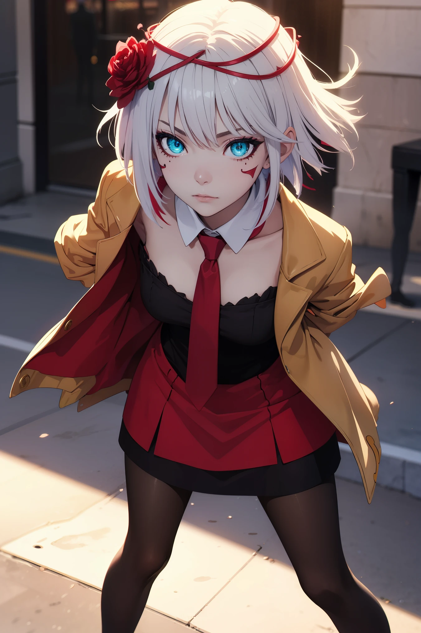 taktopdestiny, destiny, short hair, hair ornament, flower, white hair, red hair, multicolored hair, hair flower, rose, colored skin, facial mark, red flower, red rose, thorns,
BREAK (jacket, dress, necktie, pantyhose:1.2),
BREAK street, standing,
BREAK (masterpiece:1.2), best quality, high resolution, unity 8k wallpaper, (illustration:0.8), (beautiful detailed eyes:1.6), extremely detailed face, perfect lighting, extremely detailed CG, (perfect hands, perfect anatomy),