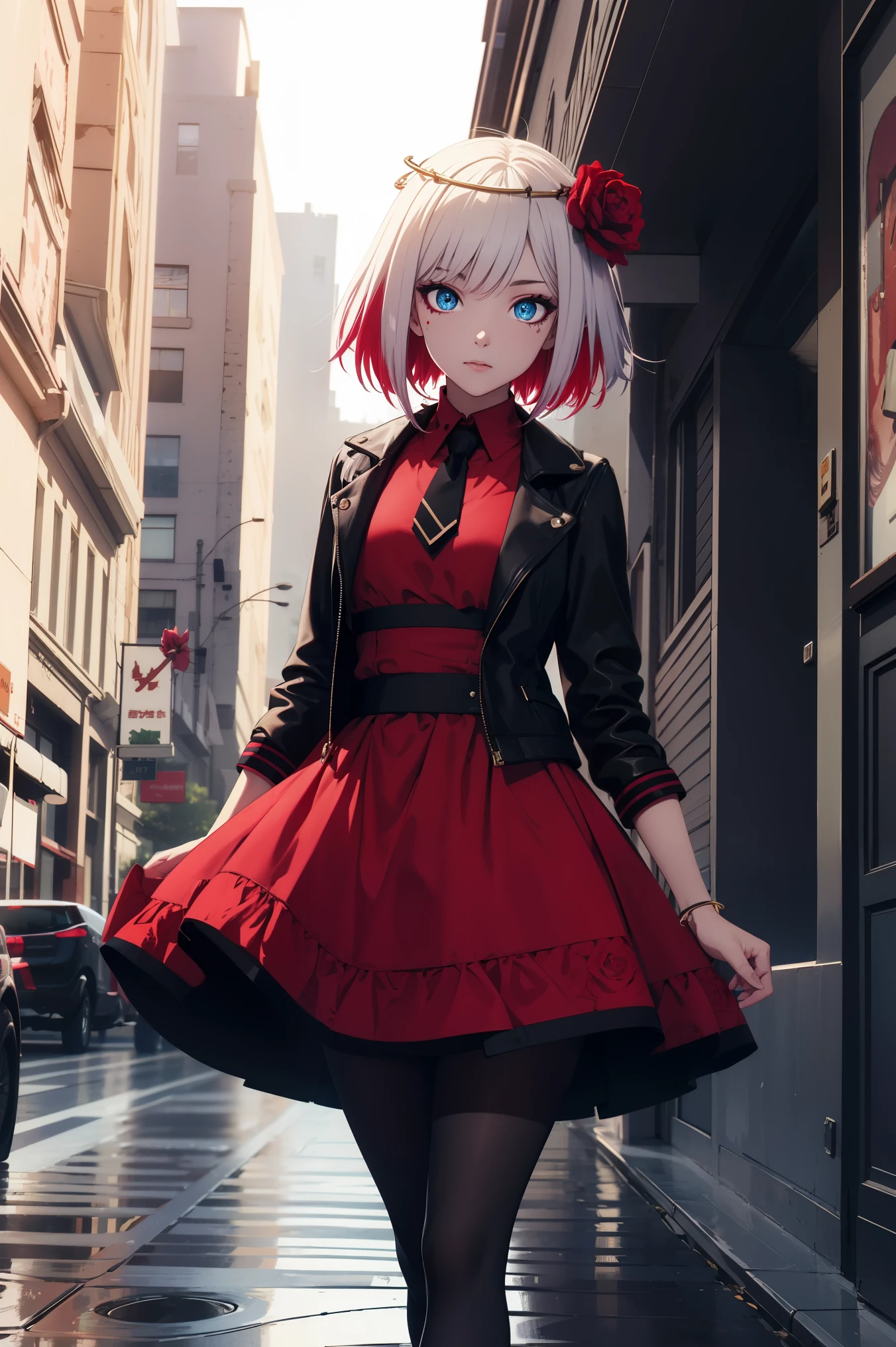 taktopdestiny, destiny, short hair, hair ornament, flower, white hair, red hair, multicolored hair, hair flower, rose, colored skin, facial mark, red flower, red rose, thorns,
BREAK (jacket, dress, necktie, pantyhose:1.2),
BREAK street, standing,
BREAK (masterpiece:1.2), best quality, high resolution, unity 8k wallpaper, (illustration:0.8), (beautiful detailed eyes:1.6), extremely detailed face, perfect lighting, extremely detailed CG, (perfect hands, perfect anatomy),