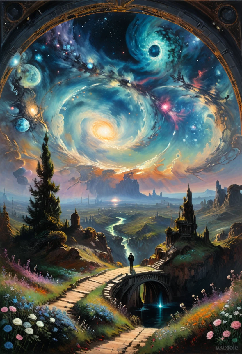 by Claude Monet, landscape, science fiction, Galactic Observatory, Space observatory studying distant galaxies, black holes, cosmic phenomena, (masterpiece, best quality, Professional, perfect composition, very aesthetic, absurdres, ultra-detailed, intricate details:1.3)
