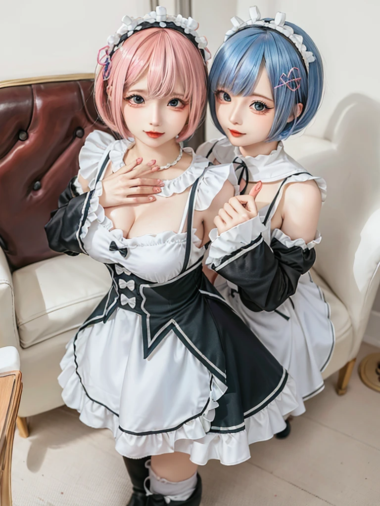 Accurate depiction with high resolution,(8K, Photorealistic, Raw photo, of the highest quality: 1.3), (1girl in), Super beautiful, (Realistic face), (boyish, pink Color Berry Shorthair), Beautiful , Glare that captivates the viewer, Beautiful expression, Beautiful breasts, (Realistic skin), Be...Create a detailed and colorful image of Ram and Rem from Re:Zero, standing back-to-back in their maid outfits, with a magical fantasy background、14years old, two girls,cute, perfect face, beautiful, nice body, gothic ta clothes, gothic loliashion, frilly skirt, headdress, necklace, bracelet, knee-high socks, boots, double eyelids, tear bags, Detailed down to the fingers, photo-like description, indoors, dim indoor lighting, one girl is pink hair and short bob, another girl is light blue hair and short bob,standing,whole body, composition that shows the whole body, smiling,The Both of them are wearing the same type of maid outfit,Optimal ratio of 4 fingers and 1 thumb