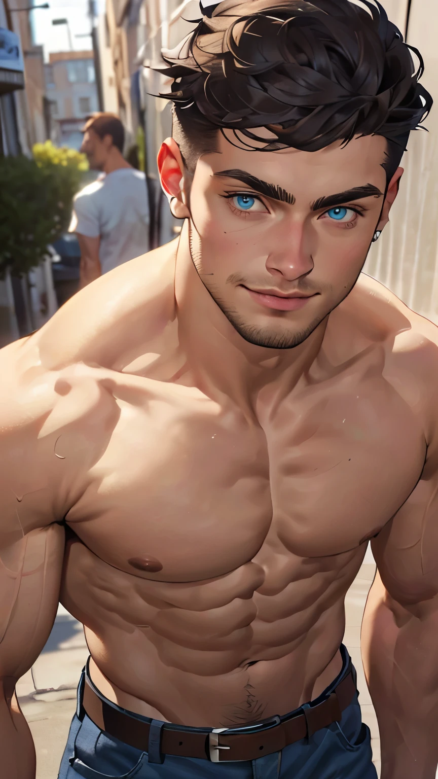 ((the best quality)), ((Masterpiece)), (details), perfect face, high definition, Masterpiece,4k,details clearly, Handsome face, white skin, perfect body, male body, strong muscles, abdomen, blue eyes, white skin, The most handsome man in the world, handsome, The coolest face, Male characters, close image (1man, shirtless), young man, mischievous smile, Extremely muscular tall man, open your eyes ((detailed eyes)), huge, muscular body and Massive, bulging pecs, muscular abs, narrow waist, short hair, blue eyes, delicate big eyes, carefree expression, clear face, handsome (detailed face, perfect face) ((extremely realistic shadows, bodybuilding posture, human, ((22-year-old young man)), V shape, street fashion, Shirtless, Sunlight, street lower pants, topless, close up look, CG sense, Textured skin, the best quality, Storytelling images, lower your pants, show Panty line, Show your abs, show arm muscle, Black hair, shining blue eyes, eyes contact, high school, leather belt,