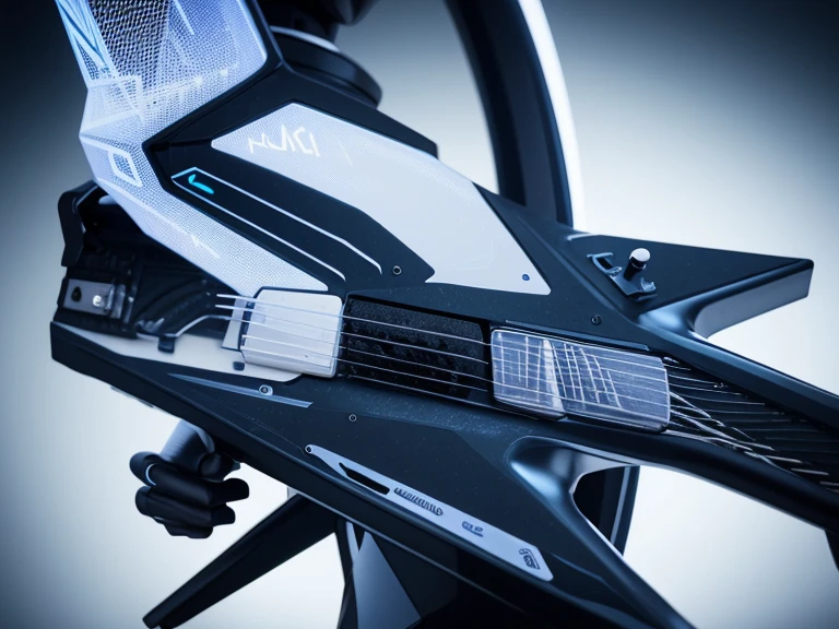 A modern, futuristic Stratocaster electric guitar with angular, aerodynamic lines, fully visible. The body has a metallic gradient finish from electric blue to deep black. The pickguard features a carbon fiber abstract design. The maple neck has an ebony fretboard with LED-lit geometric inlays. Ergonomic, LED-integrated knobs and switches, minimalistic locking tuners, and a sleek high-end tremolo bridge complete the look. The guitar blends advanced technology with unique, futuristic aesthetics.