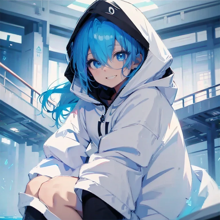 Blue Hair Girl、Wearing a hood、The hood has eyes、Inside the hotel、Sitting、smile、Smiling、椅子にSitting、