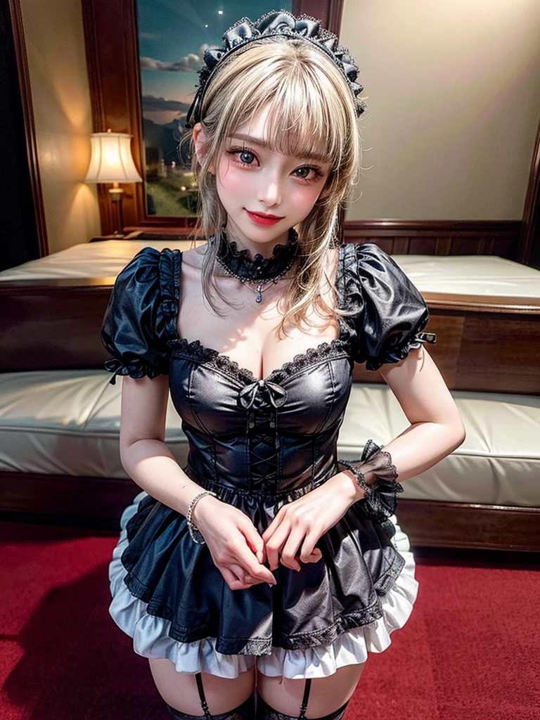 (8K, Photorealistic, Raw photo, of the highest quality: 1.3), (1girl in), Super beautiful, (Realistic face), (boyish, Silver Color Berry Shorthair), Beautiful , Glare that captivates the viewer, Beautiful expression, Beautiful breasts, (Realistic skin), Be...Super high quality, super high definition, super detailed, masterpiece, 20years old, female, cute, perfect face, beautiful, nice body, gothic lolita clothes, gothic lolita fashion, frilly skirt, headdress, necklace, bracelet, knee-high socks, boots, double eyelids, tear bags, Detailed down to the fingers, photo-like description, indoors, dim indoor lighting, blonde hair, short bob, standing, whole body, composition that shows the whole body, smiling