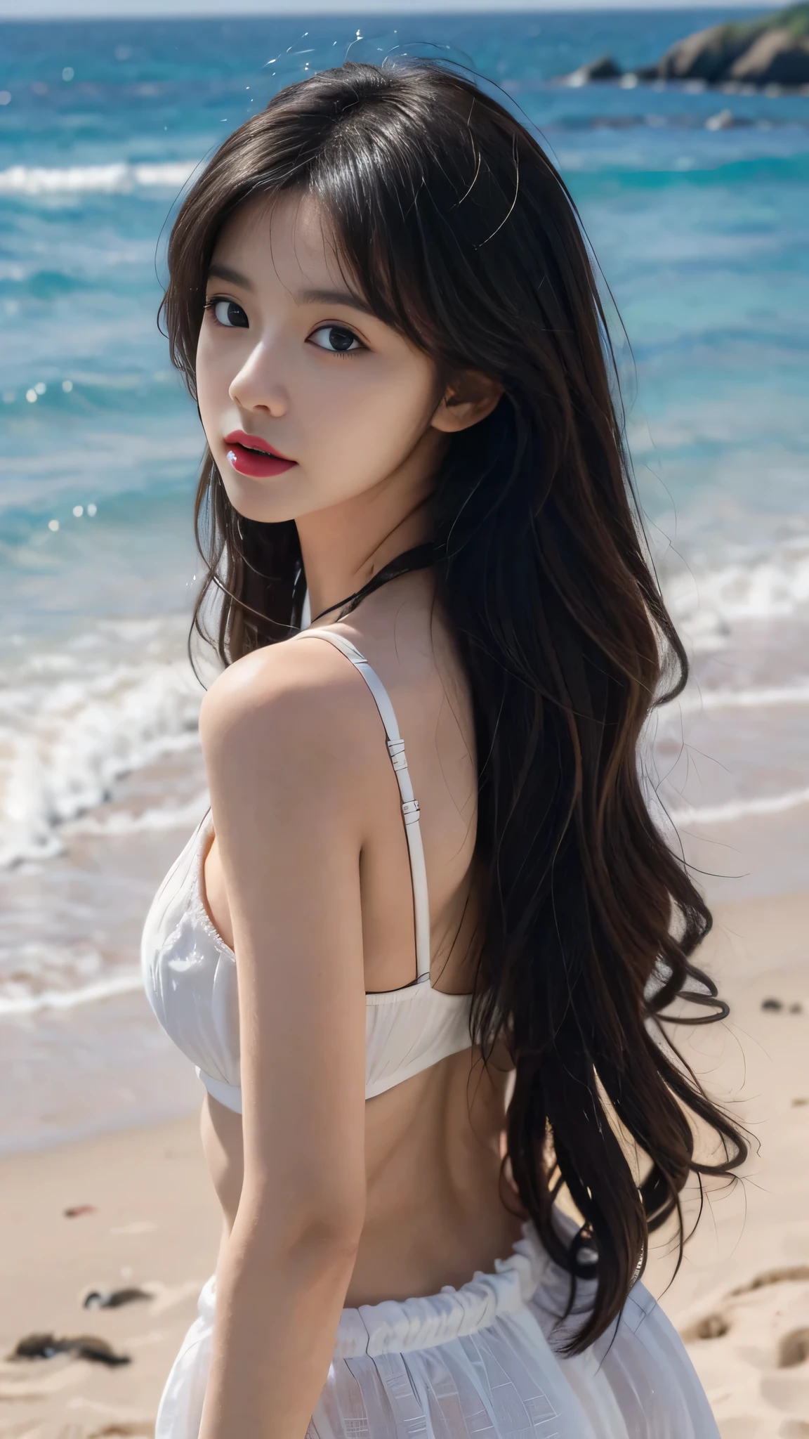 best quality,masterpiece,ultra high resolution,(actual:1.4),original photo,ultra high definition,8k,A perfect young female,in the dark,High picture quality,Black hair,Long hair flowing over the shoulders,Beach wave hairstyle,Hydrated red lips,Real Human,CG rendering