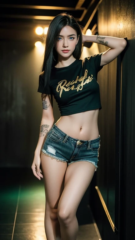 young girl (21 years old), (perfect face.), fit the body (Tattoo designs), (rock style), (green eyes), (full body close up), (tired: black band shirt, Torn jeans shorts), (gold color, short straight hair ), (Medium size, Stomach wide open, mannequin, Sagging breasts, Hard nipples.), (The back is a nightclub style..) Military boots
