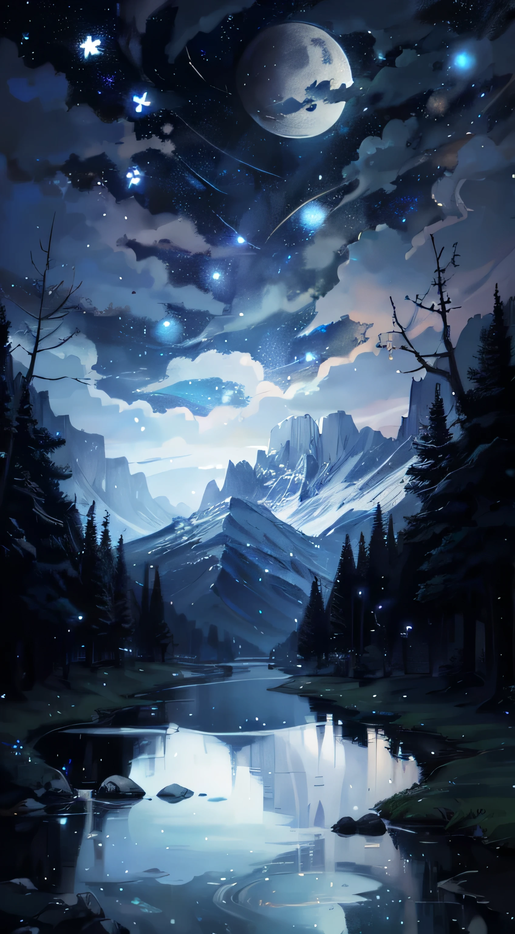 A painting of a river with stars and moon in the sky, concept art inspired by Tosa Mitsuoki, pixiv contest winner, best quality, fantasy art, beautiful anime scene, a bright moon, moonlit starry environment, dream painting, Anime Background Art, Fantasy Landscape Art, Fantasy Night, Anime Background, Background Artwork, Fantastic Art, Atmospheric Anime, Starry Sky, Detail Enhanced.