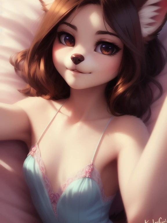 (source_e621), A beautiful and detailed (sweet portrait), ((young anthro domestic dog)), Schlank, Small breasts, Hochgeladen E621, detailed flauschige fur, (von Fluff-Kevlar, Bayard Wu, personalami, Pino Daeni), 1girl, Allein, tight bodycon dress, adorable, facing viewer, on bed, missionary position, 1girl, realistic, ultra sharp image, view from above, (solo), first person view, cleavage, masterpiece, lying on her back, aroused ,