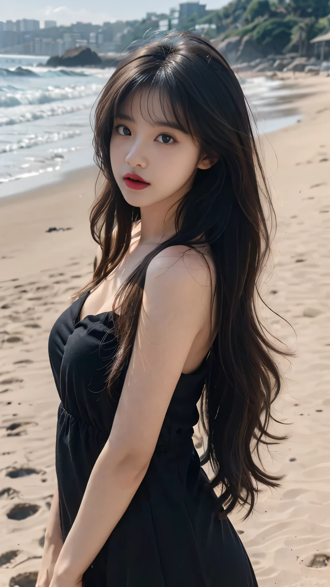 best quality,masterpiece,ultra high resolution,(actual:1.4),original photo,ultra high definition，8k，A perfect young female，in the dark，High picture quality，Black hair，Long hair flowing over the shoulders，Beach wave hairstyle，Hydrated red lips，Real Human，CG rendering