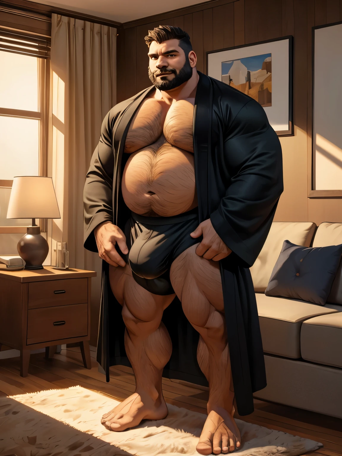 40 years old Male, tall, giant body, handsome, dad bod, beefy, strong arms and legs, wide shoulders, a bit chubby muscle gut, a bit of fat but still very muscular, extremely hairy, short beard, wearing a black bathrobe with long sleeves, wearing a black boxer brief, unreaslistic big bulge inside boxer brief, barefoot, standing casually, smiling widely, spacious modern living room, full body picture,