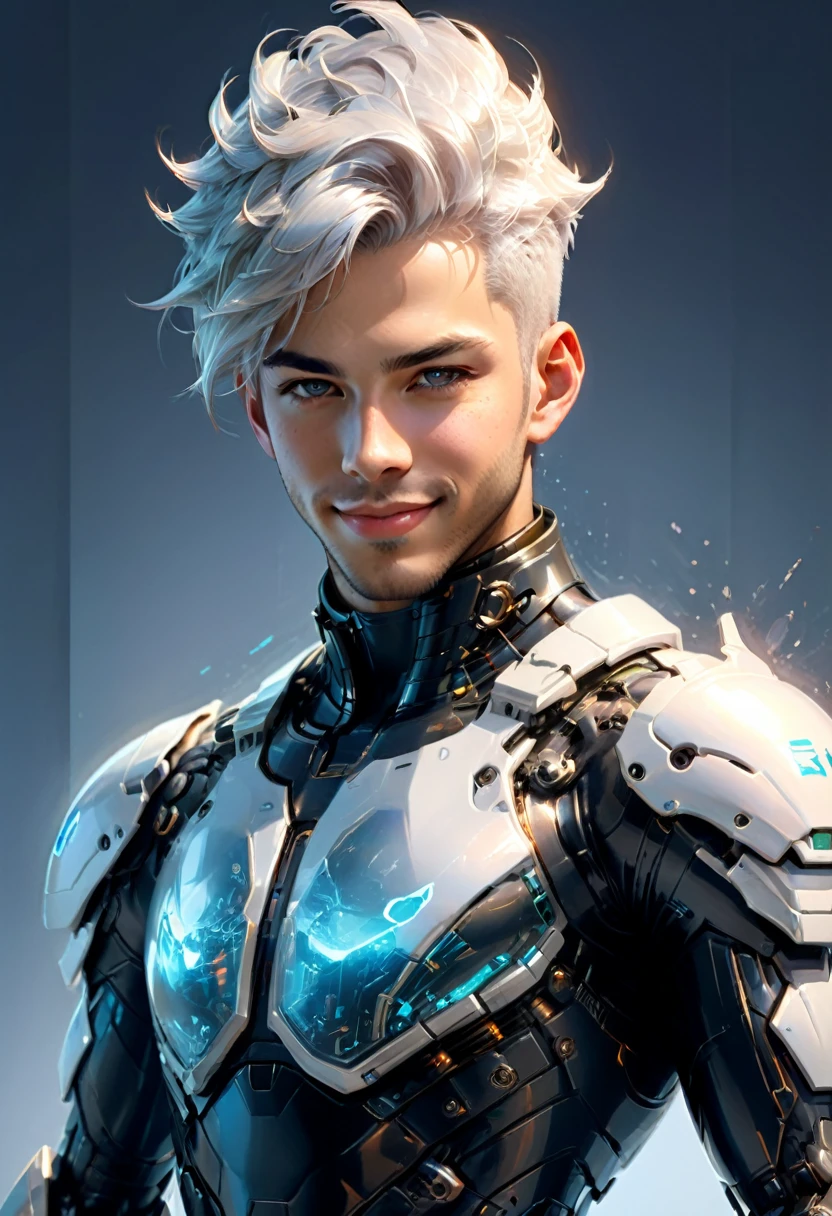 by Claude Monet, soldier, bishounen, subsurface scattering, translucent, translucent_male, portrait, seductive smile, Expressiveh, futuristic-war-academy background cyborg, translucent_hair, (masterpiece, best quality, Professional, perfect composition, very aesthetic, absurdres, ultra-detailed, intricate details:1.3)
