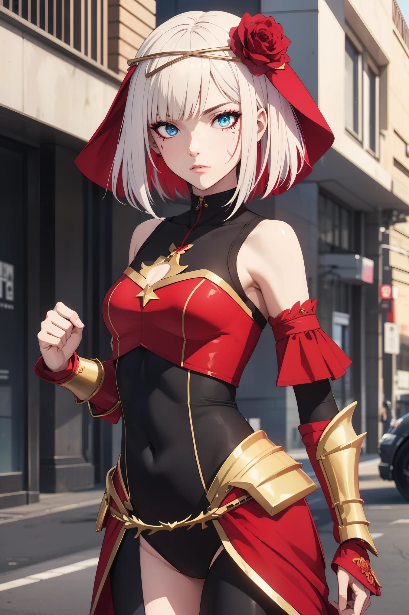 taktopdestiny, destiny, short hair, hair ornament, flower, white hair, red hair, multicolored hair, hair flower, rose, colored skin, facial mark, red flower, red rose, thorns,
BREAK (armor, bodysuit, pauldrons, purple bodysuit, shoulder armor, thighs, veil, black veil:1.2),
BREAK street, standing,
BREAK (masterpiece:1.2), best quality, high resolution, unity 8k wallpaper, (illustration:0.8), (beautiful detailed eyes:1.6), extremely detailed face, perfect lighting, extremely detailed CG, (perfect hands, perfect anatomy),