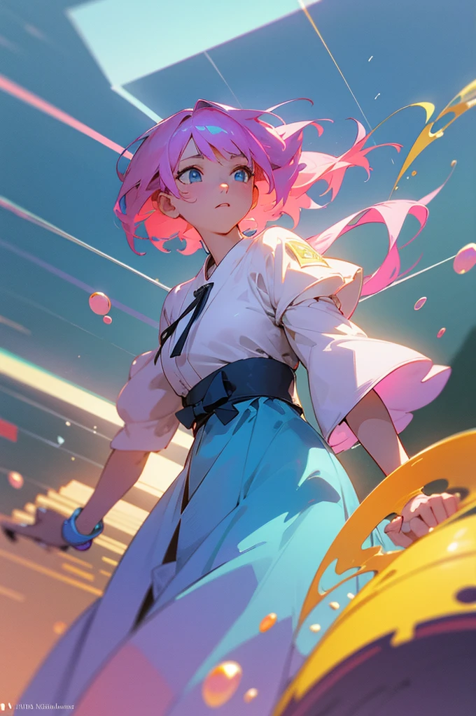 high quality, 8K Ultra HD, high detailed, masterpiece, A digital illustration of anime style, soft anime tones, Detailed illustration of many colorful soap bubbles falling from the sky on a beautiful woman, pale blue dress, colorful colors, colorful woman, pink hair, blue eye, luminism, three dimensional effect, enhanced beauty, Albert Anker, Kyoto Animation, Greg Rutkowski, Artgerm, WLOP, Alphonse Beeple, luminism, 3d render, octane render, Isometric, by yukisakura, awesome full color,