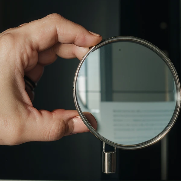 "Generate image of a magnifying glass over documents with security icons (cadeado, escudo) ao fundo, conveying a feeling of reliability and precision