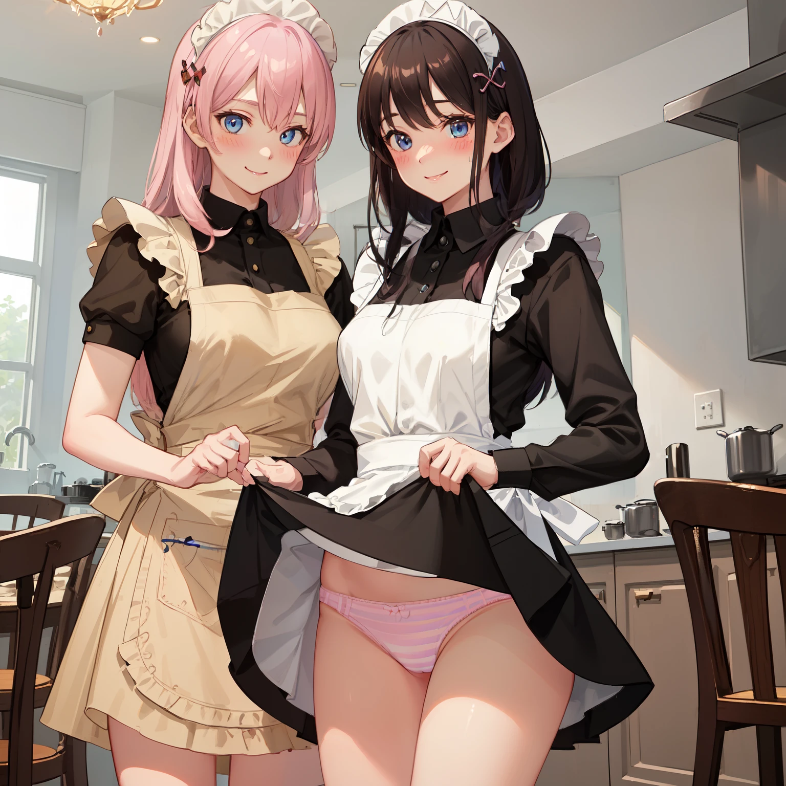highest quality、masterpiece、((2 women))、((smile:1.3))、(blush:1.3)、Black Shirt、blouse、((fun!!))、(Small breasts)、()、Blonde、(Long sleeve)、((White apron:1.5))、((Maid))、((hair ornaments)),、Kamimei、look at me、 ((in house:1.5))、 Taking a break from watching the audience、Cowboy Shot、(Skirt lift:1.3),(Highly detailed pink striped panties:1.3)、(Highly detailed panties:1.3)、、(スカート that rolls up:1.3)、(Panties fully exposed:1.5)、Light blue eyes、long hair、Glowing Eyes