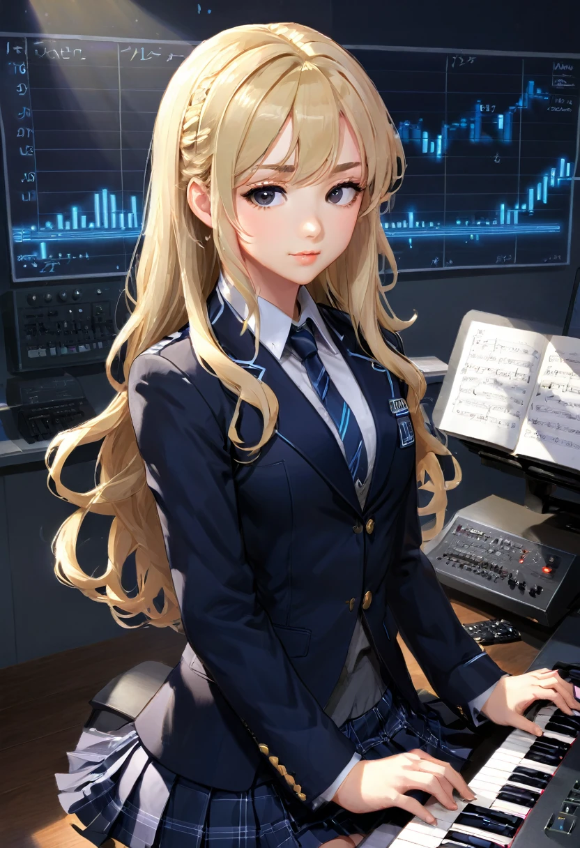 by Claude Monet, kotobuki tsumugi, k-on!,keyboard \(instrument\), blonde hair, dim lighting, spotlight, long hair, wavy hair, thick eyebrows, school uniform, synthwave, synthesizer, grey-skirt, navy \(navy.blue\) blazer, (masterpiece, best quality, Professional, perfect composition, very aesthetic, absurdres, ultra-detailed, intricate details:1.3)