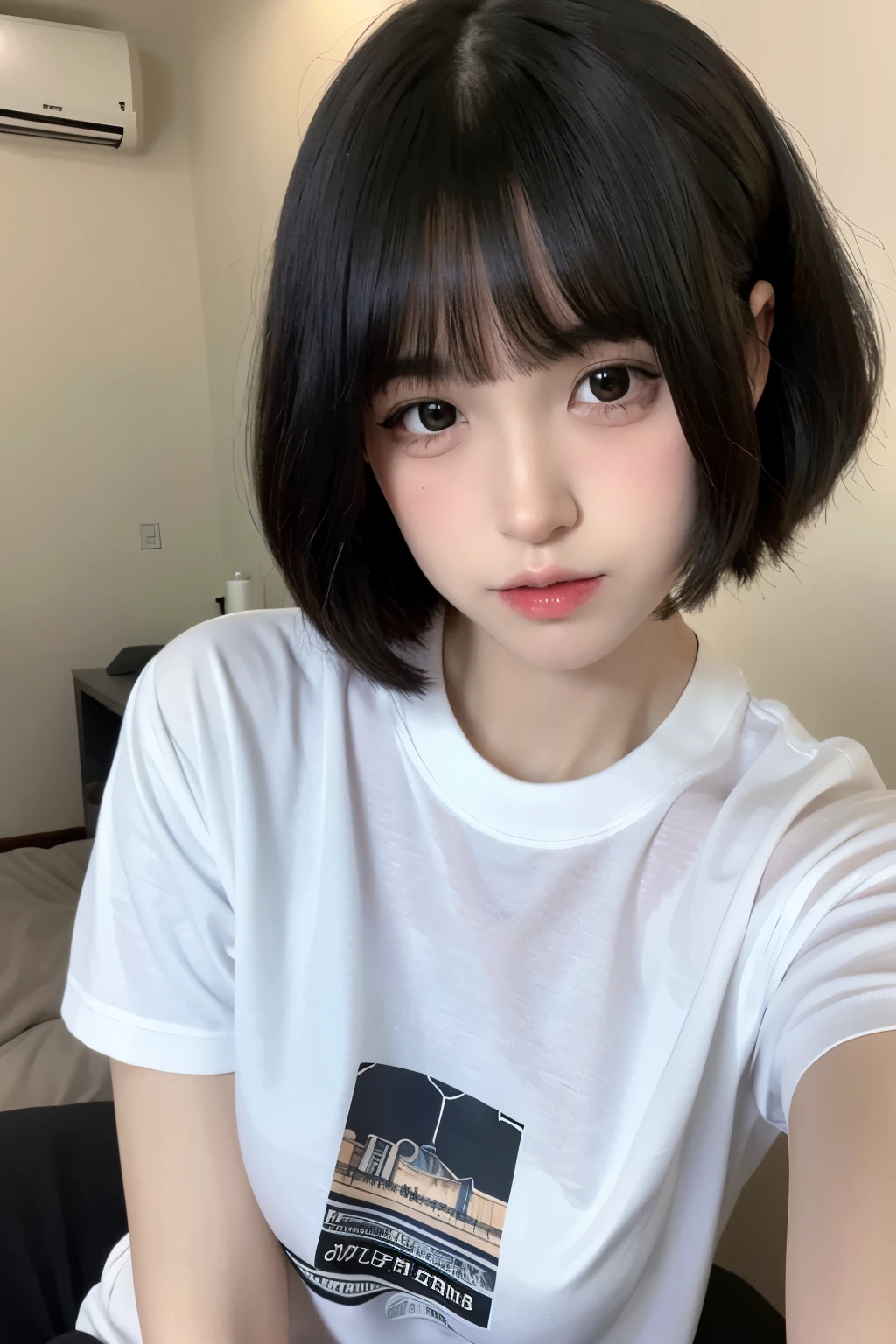 (8k,RAW Photoshop, best quality, Masterpiece:1.2,thigh high, ), (realistic, photorealistic, photo-realistic:1.37), very detailed, Beautifully detailed eyes, Beautiful, detailed nose, realistic,medium short hair, solo,1girl, short haircut, black hair, (looking at viewer:2), eyelashes, skinny, pale skin, cute, oversize white t-shirt, Japan, Round face, cute, cute selfie pose