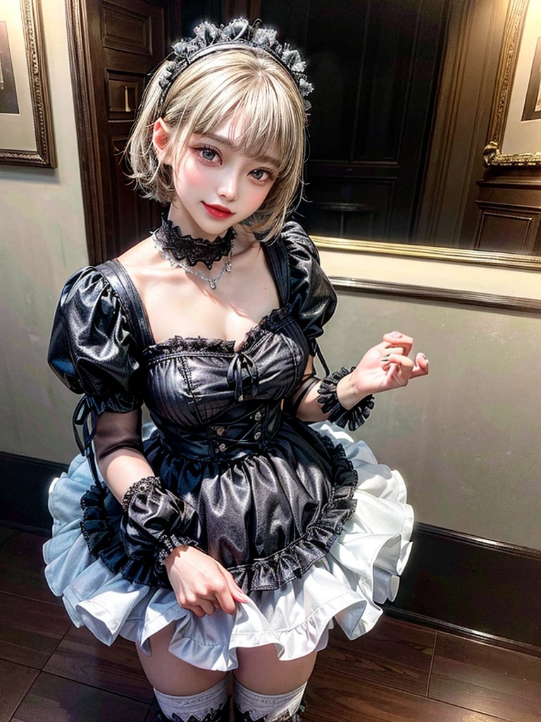 (8K, Photorealistic, Raw photo, of the highest quality: 1.3), (1girl in), Super beautiful, (Realistic face), (boyish, Silver Color Berry Shorthair), Beautiful , Glare that captivates the viewer, Beautiful expression, Beautiful breasts, (Realistic skin), Be...Super high quality, super high definition, super detailed, masterpiece, 20years old, female, cute, perfect face, beautiful, nice body, gothic lolita clothes, gothic lolita fashion, frilly skirt, headdress, necklace, bracelet, knee-high socks, boots, double eyelids, tear bags, Detailed down to the fingers, photo-like description, indoors, dim indoor lighting, blonde hair, short bob, standing, whole body, composition that shows the whole body, smiling