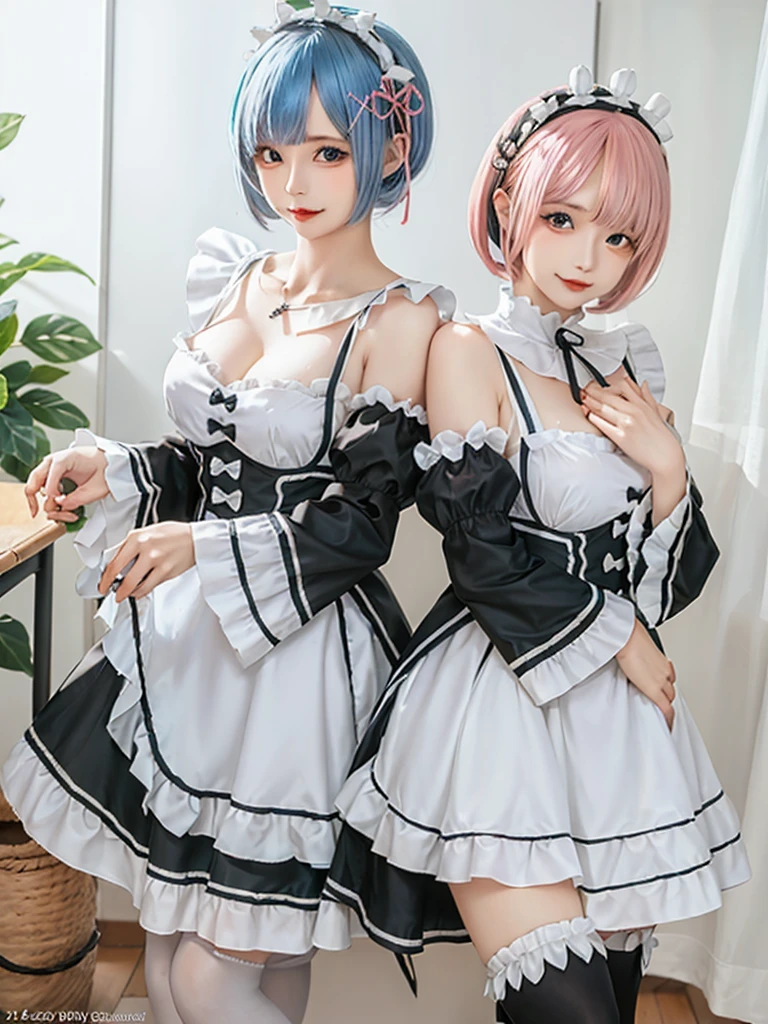 Accurate depiction with high resolution,(8K, Photorealistic, Raw photo, of the highest quality: 1.3), (1girl in), Super beautiful, (Realistic face), (boyish, pink Color Berry Shorthair), Beautiful , Glare that captivates the viewer, Beautiful expression, Beautiful breasts, (Realistic skin), Be...Create a detailed and colorful image of Ram and Rem from Re:Zero, standing back-to-back in their maid outfits, with a magical fantasy background、14years old, two girls,cute, perfect face, beautiful, nice body, gothic lolita clothes, gothic lolita fashion, frilly skirt, headdress, necklace, bracelet, knee-high socks, boots, double eyelids, tear bags, Detailed down to the fingers, photo-like description, indoors, dim indoor lighting, one girl is pink hair and short bob, another girl is light blue hair and short bob,standing,whole body, composition that shows the whole body, smiling,The Both of them are wearing the same type of maid outfit,Optimal ratio of 4 fingers and 1 thumb
