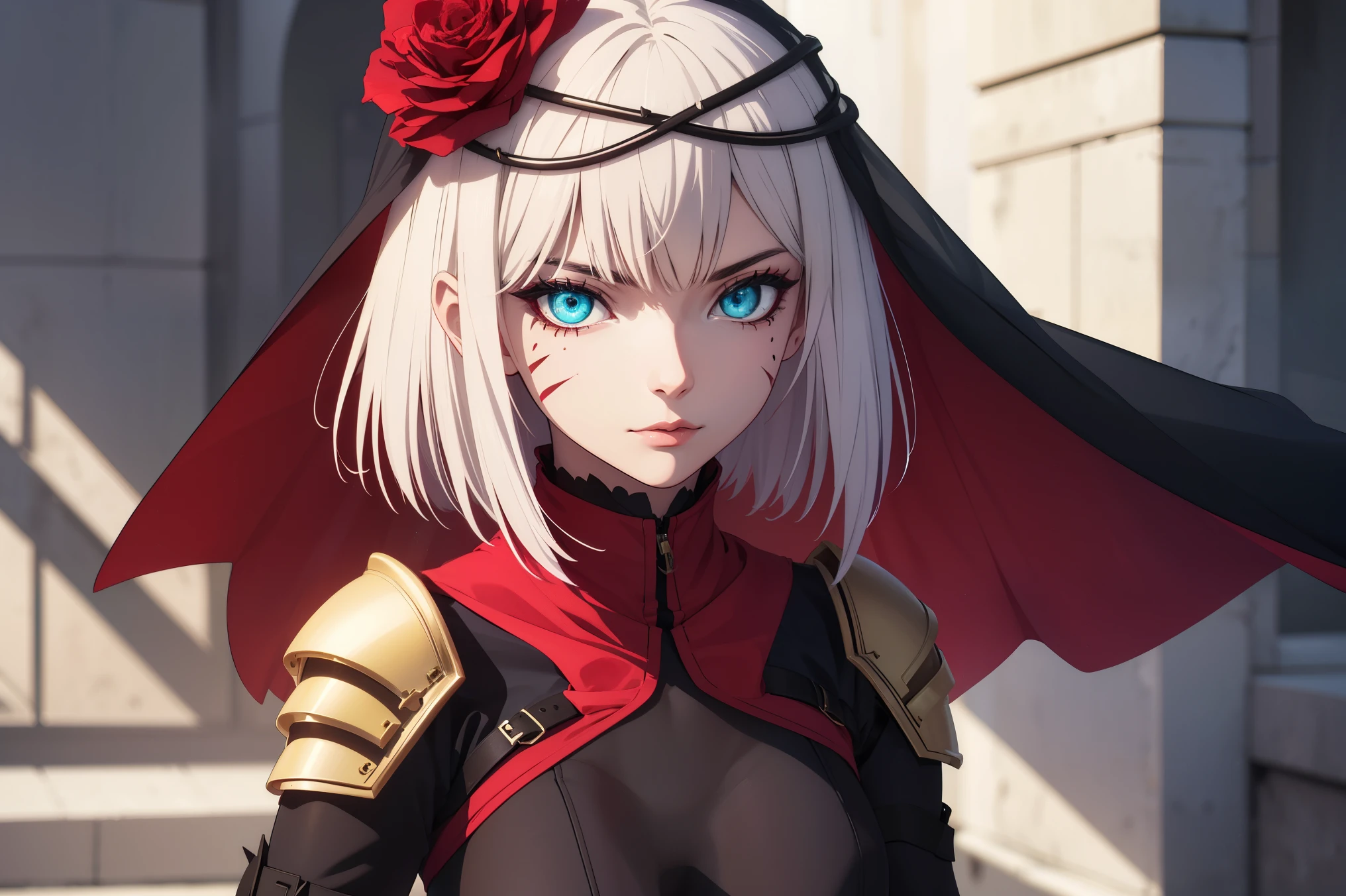 taktopdestiny, destiny, short hair, hair ornament, flower, white hair, red hair, multicolored hair, hair flower, rose, colored skin, facial mark, red flower, red rose, thorns,
BREAK (armor, bodysuit, pauldrons, purple bodysuit, shoulder armor, thighs, veil, black veil:1.2),
BREAK street, standing,
BREAK (masterpiece:1.2), best quality, high resolution, unity 8k wallpaper, (illustration:0.8), (beautiful detailed eyes:1.6), extremely detailed face, perfect lighting, extremely detailed CG, (perfect hands, perfect anatomy),