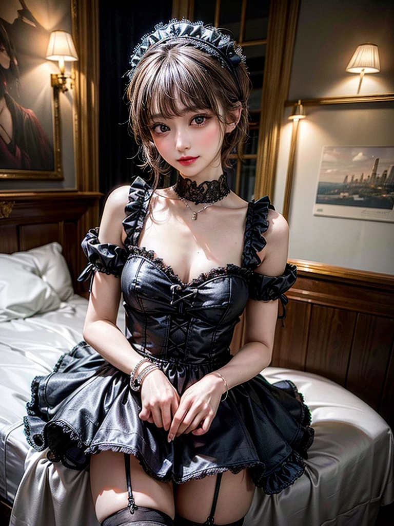 (8K, Photorealistic, Raw photo, of the highest quality: 1.3), (1girl in), Super beautiful, (Realistic face), (boyish, Silver Color Berry Shorthair), Beautiful , Glare that captivates the viewer, Beautiful expression, Beautiful breasts, (Realistic skin), Be...Super high quality, super high definition, super detailed, masterpiece, 20years old, female, cute, perfect face, beautiful, nice body, gothic lolita clothes, gothic lolita fashion, frilly skirt, headdress, necklace, bracelet, knee-high socks, boots, double eyelids, tear bags, Detailed down to the fingers, photo-like description, indoors, dim indoor lighting, black hair, short bob, standing, whole body, composition that shows the whole body, smiling