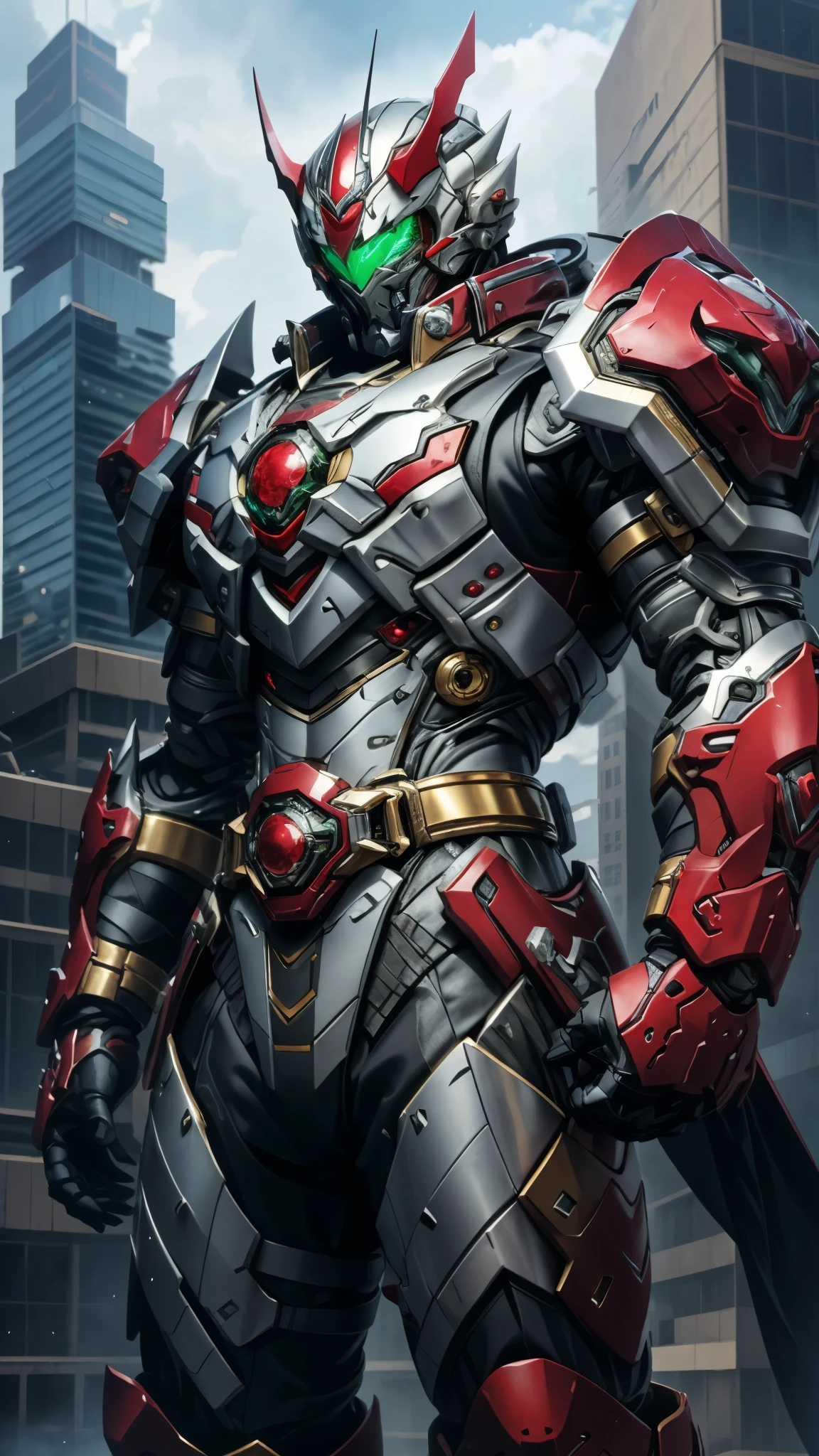 A man wearing a full-face helmet, a fantasy-style biotech armored combat suit, green eyes, (a composite layered chest armor), fully enclosed shoulder guards, matching arm and leg guards, the belt is adorned with dragon claw grasping orbs, (the color scheme is primarily white with red and blue accents), the design balances heavy with agility, a high-tech bio-mecha armor, (Armor Concept Inspired by Dragon, stand on the top of a skyscraper in a futuristic sci-fi city), this character embodies a finely crafted fantasy-surreal style armored hero in anime style, exquisite and mature manga art style, (battle damage, element, plasma, energy, the armor glows), ((male:1.5)), metallic, real texture material, dramatic, high definition, best quality, highres, ultra-detailed, ultra-fine painting, extremely delicate, professional, perfect body proportions, golden ratio, anatomically correct, symmetrical face, extremely detailed eyes and face, high quality eyes, creativity, RAW photo, UHD, 32k, Natural light, cinematic lighting, masterpiece-anatomy-perfect, masterpiece:1.5