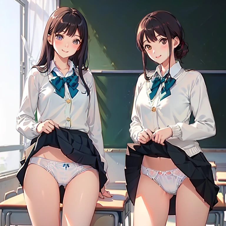 2 girls, smile:1.3, shirt, skirt, (small),((classroom:1.5))、、(blush:1.3)、((青いチェック柄のskirt:1.5))、Cowboy Shot、(skirt lift:1.3),(Highly detailed panties:1.3)、(Highly detailed white panties:1.3)、、(skirt that rolls up:1.3)、(Full-fledged panties:1.5)、,((Pure white cardigan))、