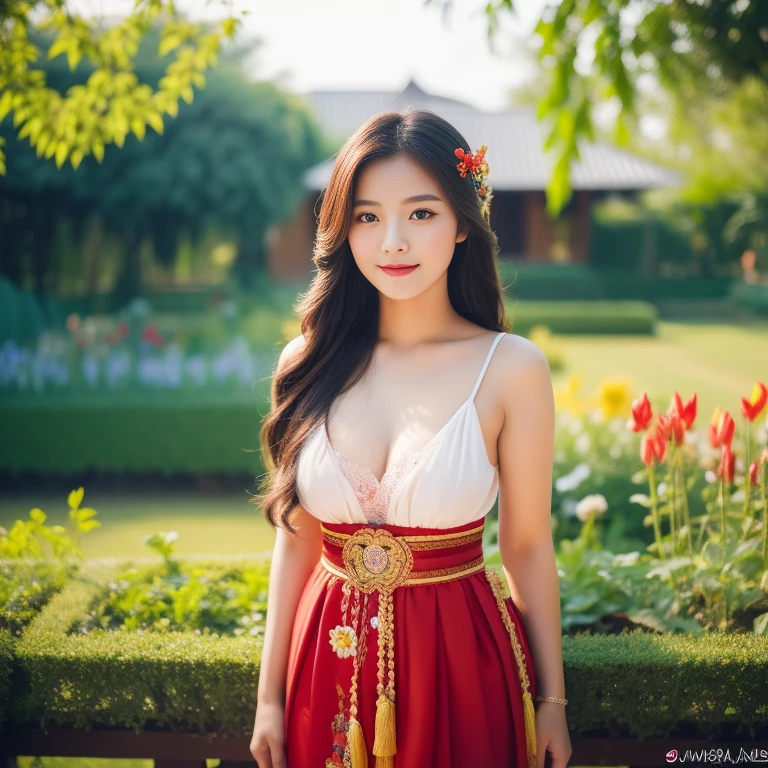 1 girl,His long hair flowed up., The sun shines brightly., Supports large, bare breasts, flower garden, Traditional Thai dress, red, black, dark blue,, Masterpiece, best quality, Highly detailed 16k, Take photos with a high quality camera 45,000,000 pixels