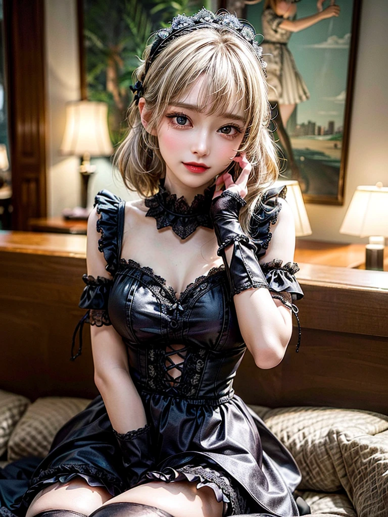 (8K, Photorealistic, Raw photo, of the highest quality: 1.3), (1girl in), Super beautiful, (Realistic face), (boyish, Silver Color Berry Shorthair), Beautiful , Glare that captivates the viewer, Beautiful expression, Beautiful breasts, (Realistic skin), Be...Super high quality, super high definition, super detailed, masterpiece, 20years old, female, cute, perfect face, beautiful, nice body, gothic ta clothes, gothic loliashion, frilly skirt, headdress, necklace, bracelet, knee-high socks, boots, double eyelids, tear bags, Detailed down to the fingers, photo-like description, indoors, dim indoor lighting, blonde hair, pony tail, standing, whole body, composition that shows the whole body, smiling