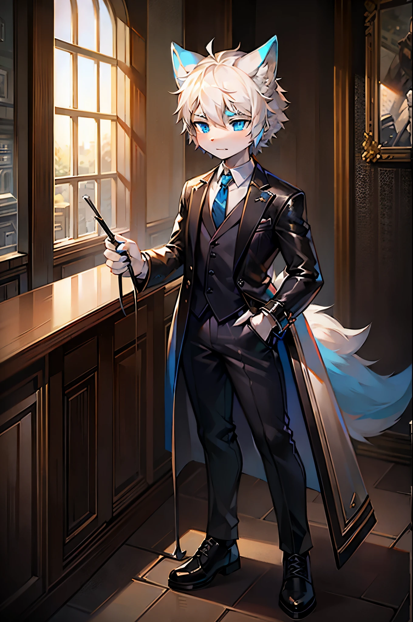 Wolf,White and blue fur,young people,blue eyes,messy hair,white hair,short hair,Very detailed, Serious expression,Leather whip in hand,Extremely detailed CG unity 8k wallpaper,best quality,masterpiece,Extremely detailed,Clear focus,Wearing a suit,Grains of light,Coffee shop background,powerful,With a whip in his hand,excoriating,Standing posture,Full body image