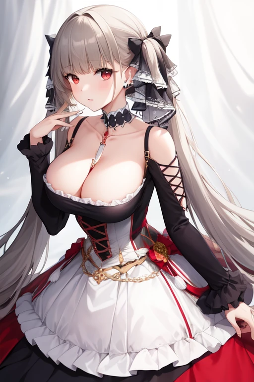 (masterpiece, best quality1.2),illustration,8k,hd,1girls,solo,hand up,(portrait:1.2),long_hair,large_breasts,red_eyes,very_long_hair,bangs,twintails,ribbon,grey_hair,cleavage,hair_ribbon,two-tone_ribbon,between_breasts,black_dress,dress,frills,bare_shoulders,frilled_dress,long_sleeves,two-tone_dress,jewelry,earrings,