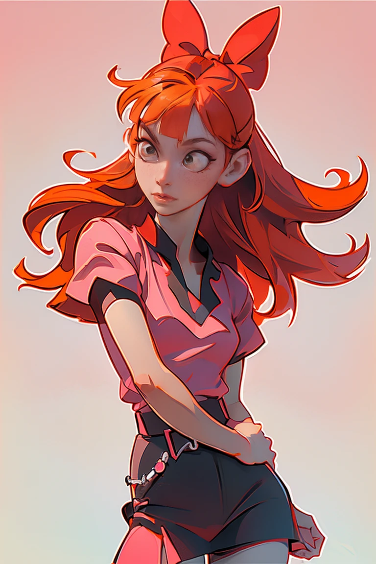 (Blossom:1.5), (orange hair, blunt bangs, pink eyes:1.2), (hair bow, red bow, simple short sleeve pink dress, simple black belt, white thighhighs:1.2), (white background, plain background), (realistic:1.2), (masterpiece:1.2), (full-body-shot:1),(Cowboy-shot:1.2), neon lighting, dark romantic lighting, (highly detailed:1.2),(detailed face:1.2), (gradients), colorful, detailed eyes, (detailed landscape:1.2), (natural lighting:1.2),(detailed background), detailed landscape, (shy pose:1.2), (solo, one person, one subject:1.5),