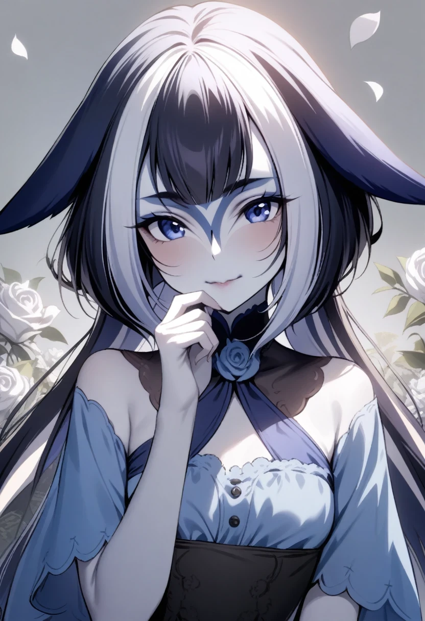 (shylily/(Twich/):1.5),(masterpiece:1.2),(best quality:1.2),masterpiece, best quality, upper body, Fraction_9, Fraction_8_Direction_7_up, front, 1 Girl, Solitary, long hair, Parted bangs, , Pale skin, Small Breasts, permanent, upper body, Victorian fashion, Black skirt, frilly dress, Short sleeve, Hand on chin, Touch your chin, delicate hands, White rose petals, Gray background, best quality