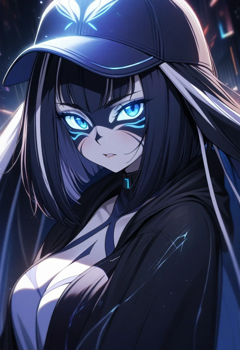 (shylily/(Twich/):1.5),(masterpiece:1.2),(best quality:1.2),, Beautiful eyes and delicate face, illustration, Beautiful and detailed, high resolution illustration, Luminescence_White_particle, 1 Girl, , Hair covering one eye, Short side details, Baseball cap,Poker face, curtain, black jacket, Chest hanging, Cyberpunk, Technical clothing