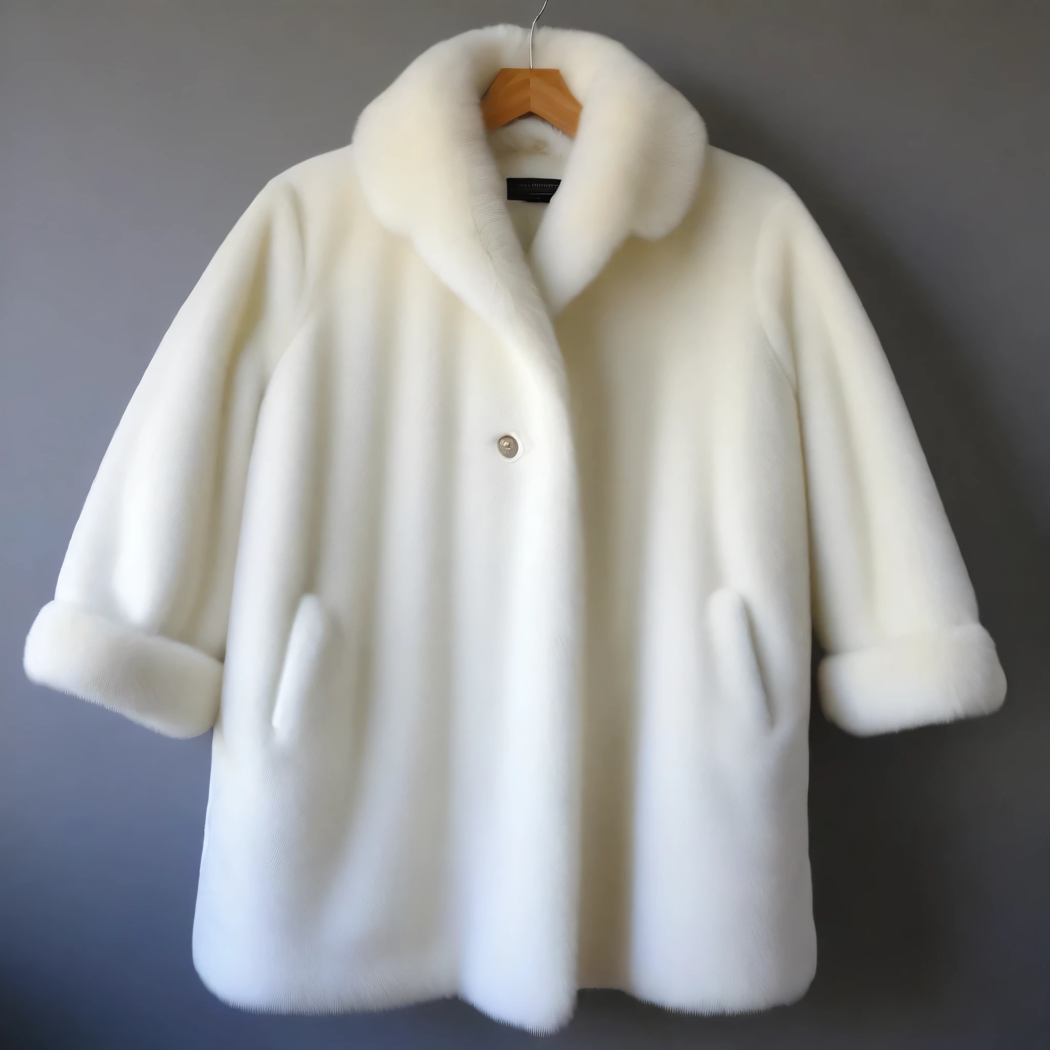 A very wide and very thick, manteau de fourrure en vison blanc, fifty centimeters d&#39;thickness, duveteux, naturel, with an ultra thick white mink fur collar, Trois couches, sur Ornella Muti jeune, 45 ans, fully nude profile view, bare shoulders, et deux gros seins recouverts par la fourrure, at sunny Pebble Beach golf course
