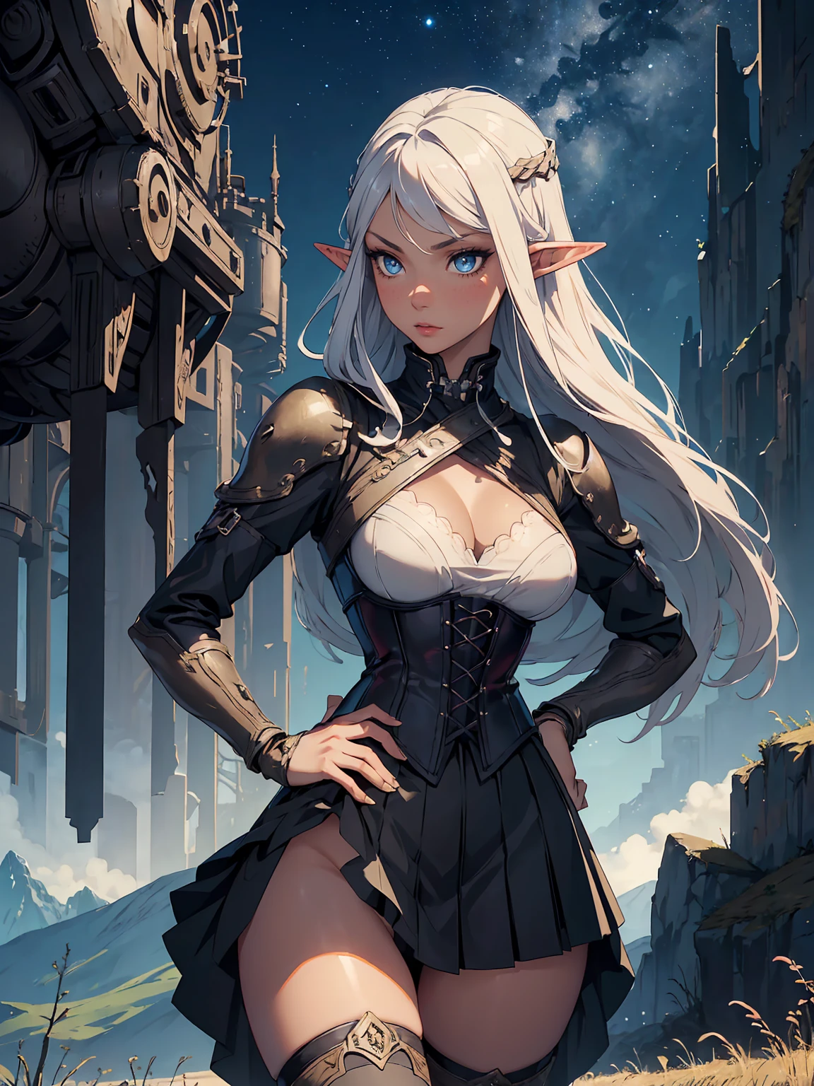 masterpiece, high quality, 1_woman, ((upper body)), ((hand on hip)), standing, (exotic skin_complexion:1.4), mature, (looking away from the viewer), (BLUSHING face), tall, beautiful, exotic, with long elf ears, long hair, silver hair, detailed face, having diamond shaped eyes, blue eyes, (dark_eyeliner), long_eyelashes medium_bust, wearing fantasy corset, chest window, (black skirts), crossing belts, long fingerless_gloves, belts with metal gears, black thigh highs with embroidery, knee boots with laces, dynamic lighting casts detailed shadows, mountains in distance, walking path, grassy field, night sky, stars, 