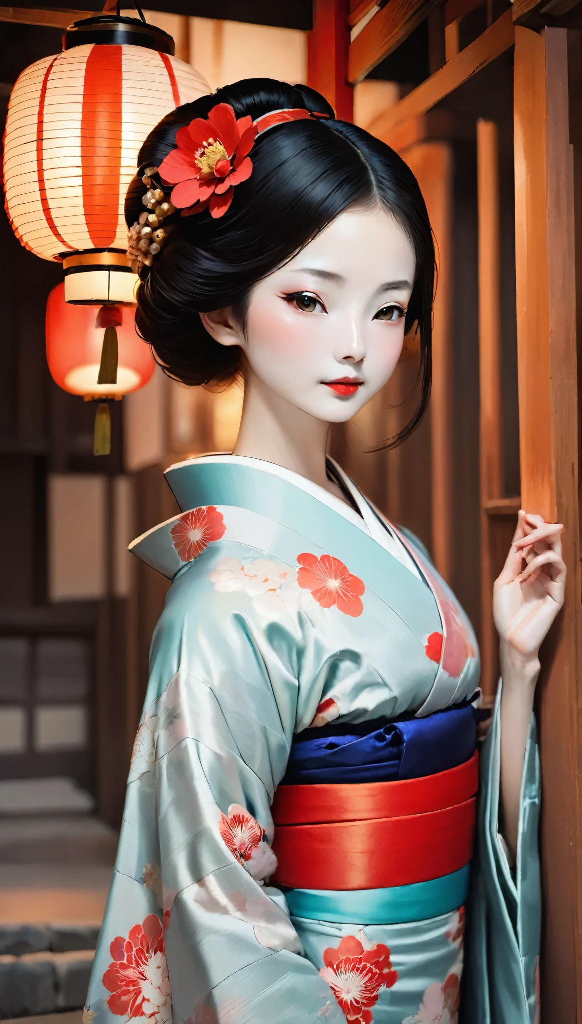 (((Full body angle:1.3、Random Pause、Wabi-sabi、Japan human heart)))、pale colour、watercolor、Alafi wearing a kimono with a red flower headpiece, Geisha Makeup, Portrait of a Geisha画, Geisha Makeup, Cute Face、Thin eyebrows、Portrait of a Geisha, Beautiful geisha, Japanese Geisha, Glamorous and sexy geisha, Beautiful geishaの肖像画画, Portrait of a Geisha, Geisha hairstyle, remarkable Geisha Makeup、Horyuji Temple、Old temple of Japan、