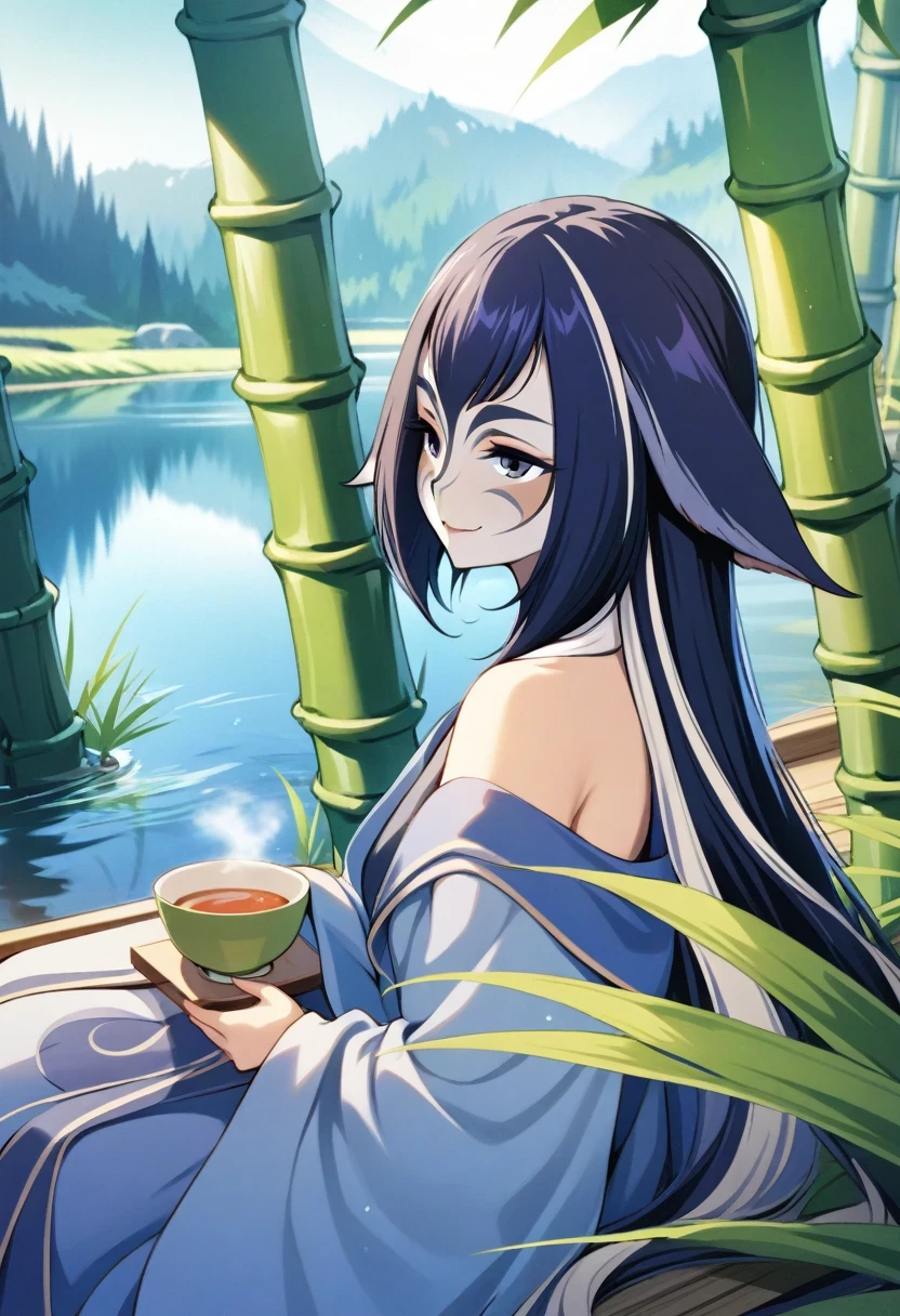 (shylily/(Twich/):1.5),(masterpiece:1.2),(best quality:1.2),, illustration, 1 girl, , long hair, delicate eyes, Bare shoulders, Hanfu, lake, Pure, Gentle smile, bamboo, Tea