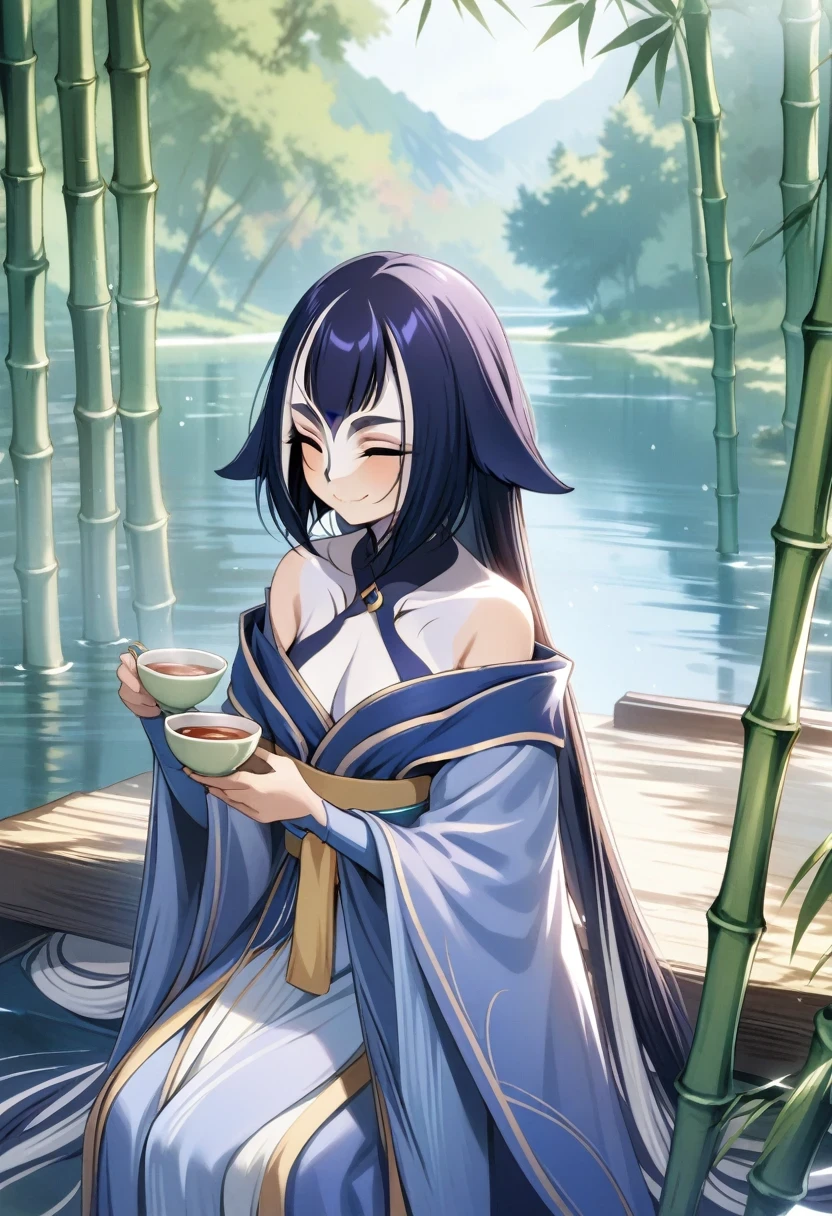 (shylily/(Twich/):1.5),(masterpiece:1.2),(best quality:1.2),, illustration, 1 girl, , long hair, delicate eyes, Bare shoulders, Hanfu, lake, Pure, Gentle smile, bamboo, Tea