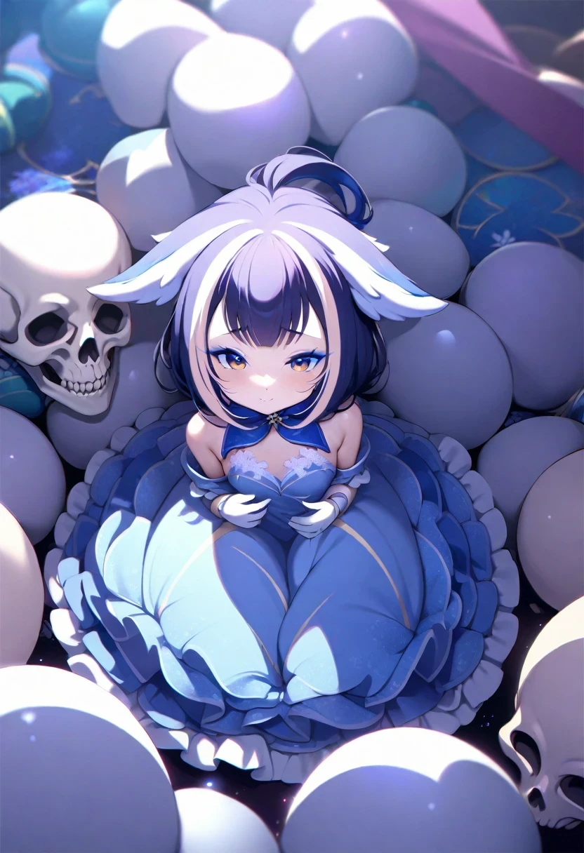(shylily/(Twich/):1.5),(masterpiece:1.2),(best quality:1.2),, Very detailed, (Fractal Art:1.3), rich and colorful, More detail, Bright colors, from above,
Angel, Albinism, baby face, hug skull, dark light, Cute white ruffle dress, White lace boots, asas de Angel fofas, shine in the audience, many skulls, 32k