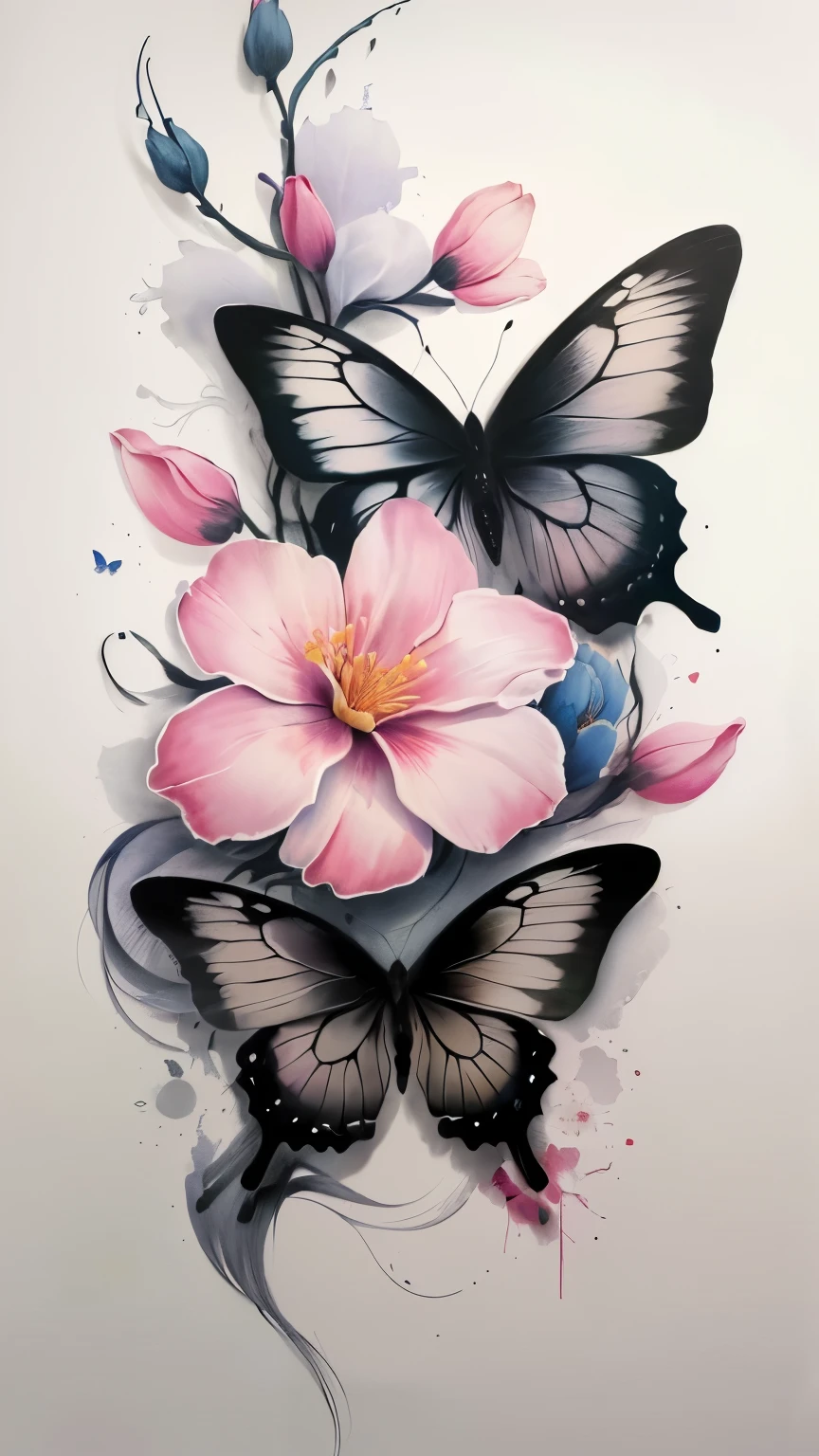 a desenho de tatuagem with butterflies and flowers on the back, flores e borboletas, lindo desenho, lindo e realista, ✏️🎨, obras de arte suavemente retocadas, desenho de tatuagem de realismo, flores detalhadas, realism desenho de tatuagem, desenho 3d para tatuagem, by Tom Wänerstrand, desenho de tatuagem, por Ni Zan, com flores coloridas, powder Nándor Katona