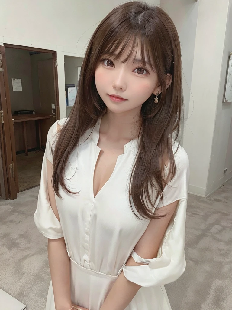 1 female, Brown Hair,Brown eyes, Delicate face, cute, Love Earrings, White Dress, Standing at the entrance to the police station, Playful, Ultra HD, masterpiece, highest quality, Super detailed, Accurate