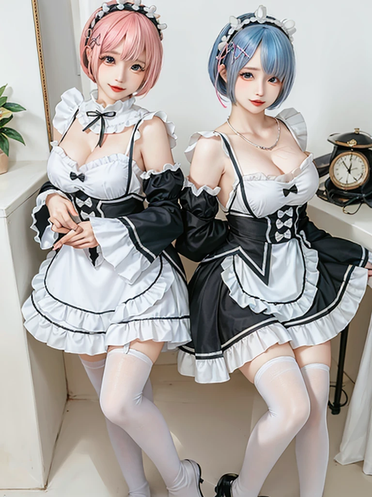 Accurate depiction with high resolution,(8K, Photorealistic, Raw photo, of the highest quality: 1.3), (1girl in), Super beautiful, (Realistic face), (boyish, pink Color Berry Shorthair), Beautiful , Glare that captivates the viewer, Beautiful expression, Beautiful breasts, (Realistic skin), Be...Create a detailed and colorful image of Ram and Rem from Re:Zero, standing back-to-back in their maid outfits, with a magical fantasy background、14years old, two girls,cute, perfect face, beautiful, nice body, gothic ta clothes, gothic loliashion, frilly skirt, headdress, necklace, bracelet, knee-high socks, boots, double eyelids, tear bags, Detailed down to the fingers, photo-like description, indoors, dim indoor lighting, one girl is pink hair and short bob, another girl is light blue hair and short bob,standing,whole body, composition that shows the whole body, smiling,The Both of them are wearing the same type of maid outfit,Optimal ratio of 4 fingers and 1 thumb