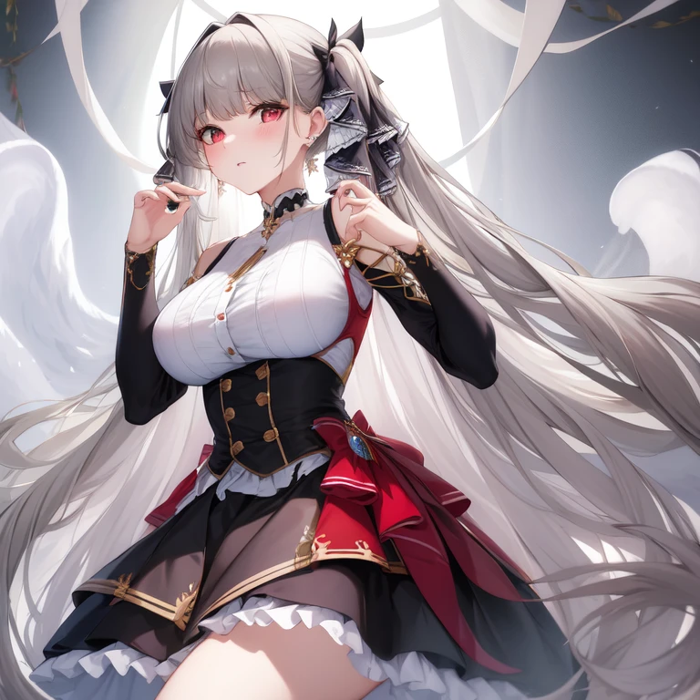 (masterpiece, Best quality1.2),illustration,8K,HD,1 Girl,Solitary,hands up,(portrait:1.2),long_hair,Large target_breast,Red_Eye,Very_long_hair,Bangs,Double tail,Ribbon,grey_hair,cleveage,hair_Ribbon,Two-color_Ribbon,between_breast,Black_skirt,skirt,Ruffles,only_Shoulder,Ruffles的_skirt,long_sleeve,Two-color_skirt,Jewelry,earrings,